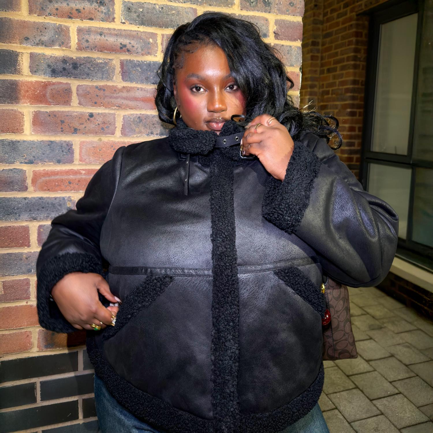 Cropped Borg Aviator Jacket - Black