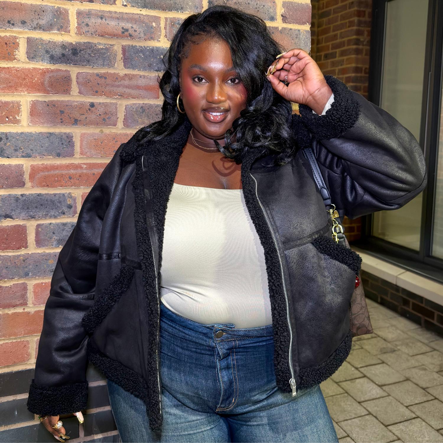 Cropped Borg Aviator Jacket - Black