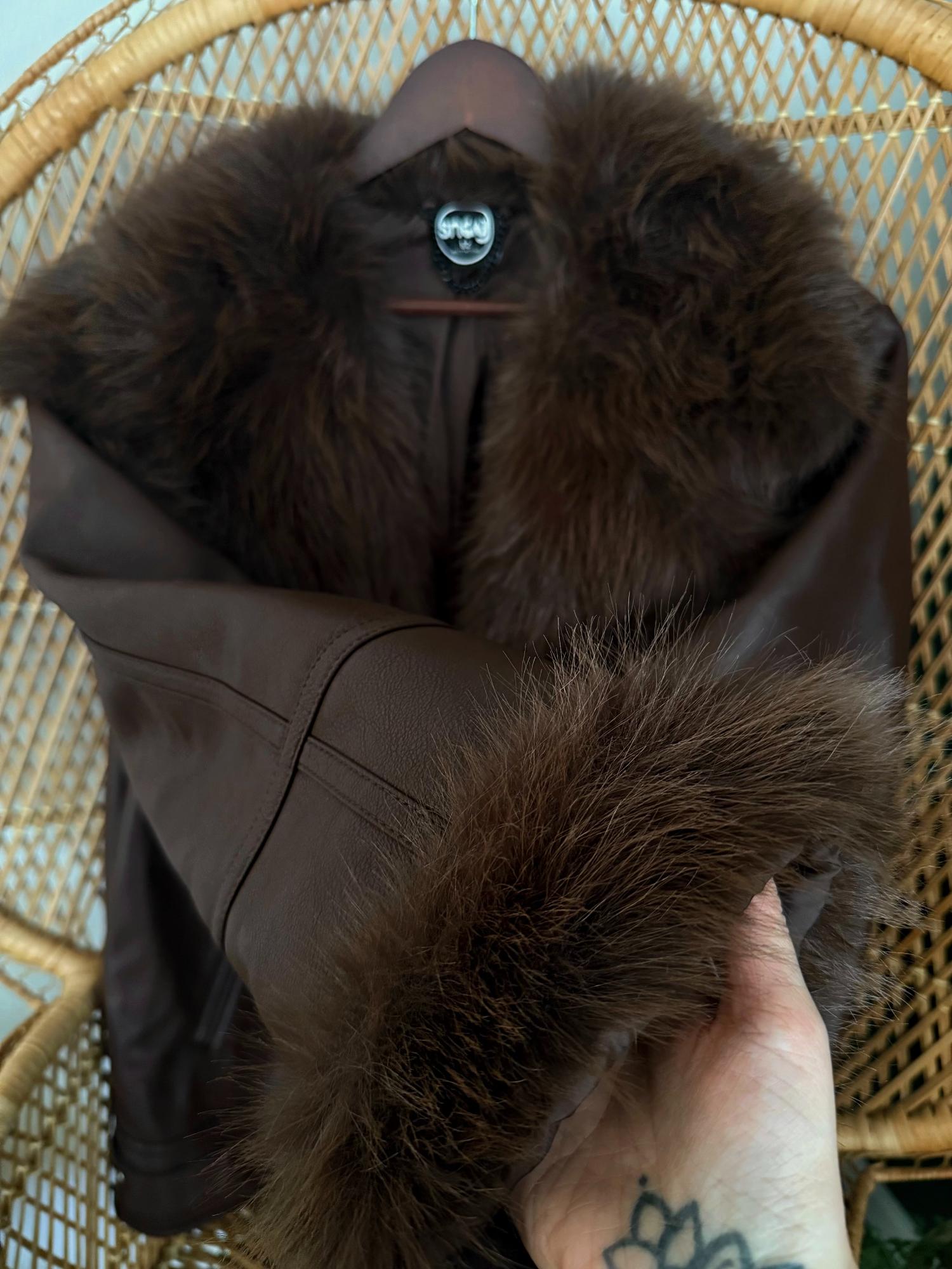 Fur Lined Aviator Jacket - Brown