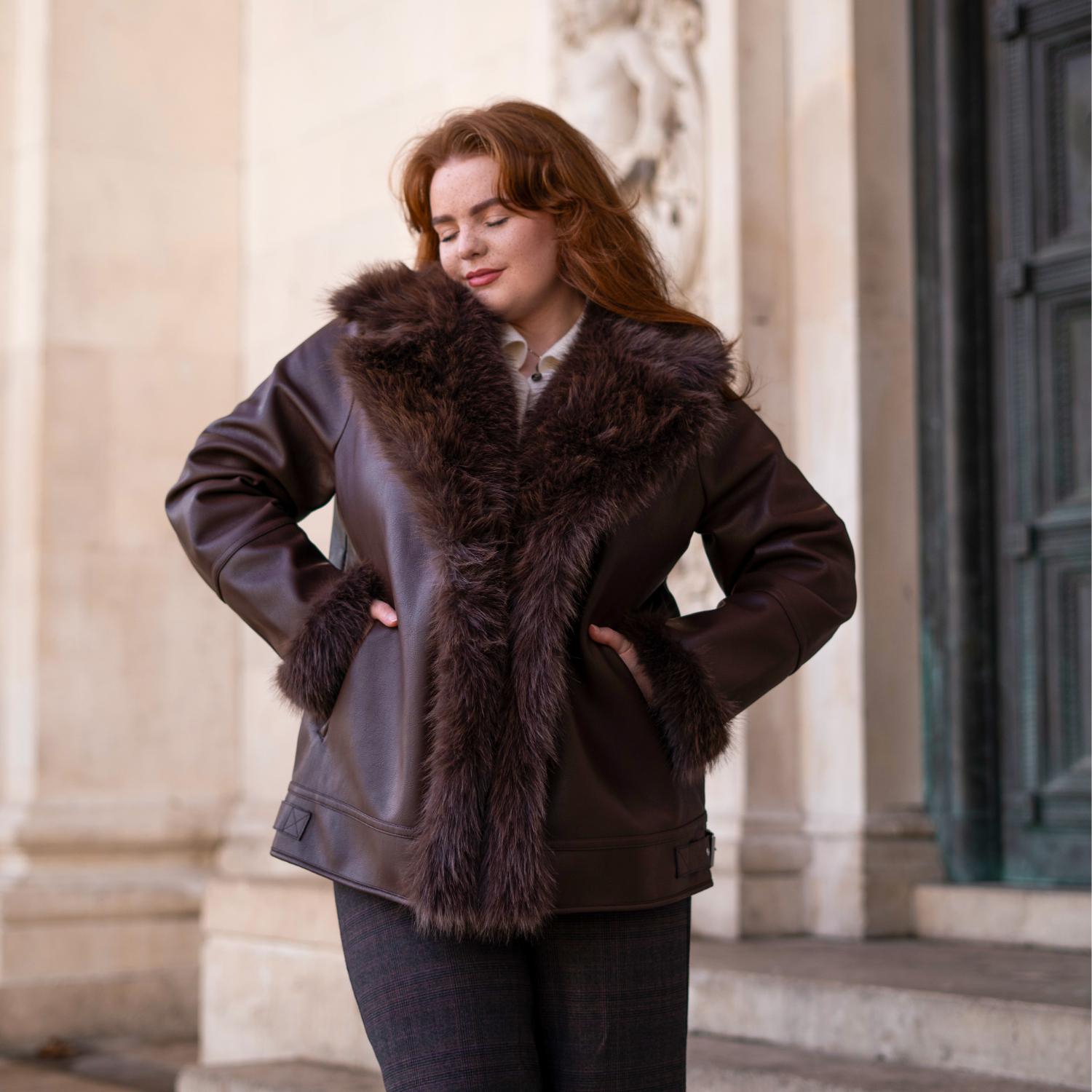 Fur Lined Aviator Jacket - Brown