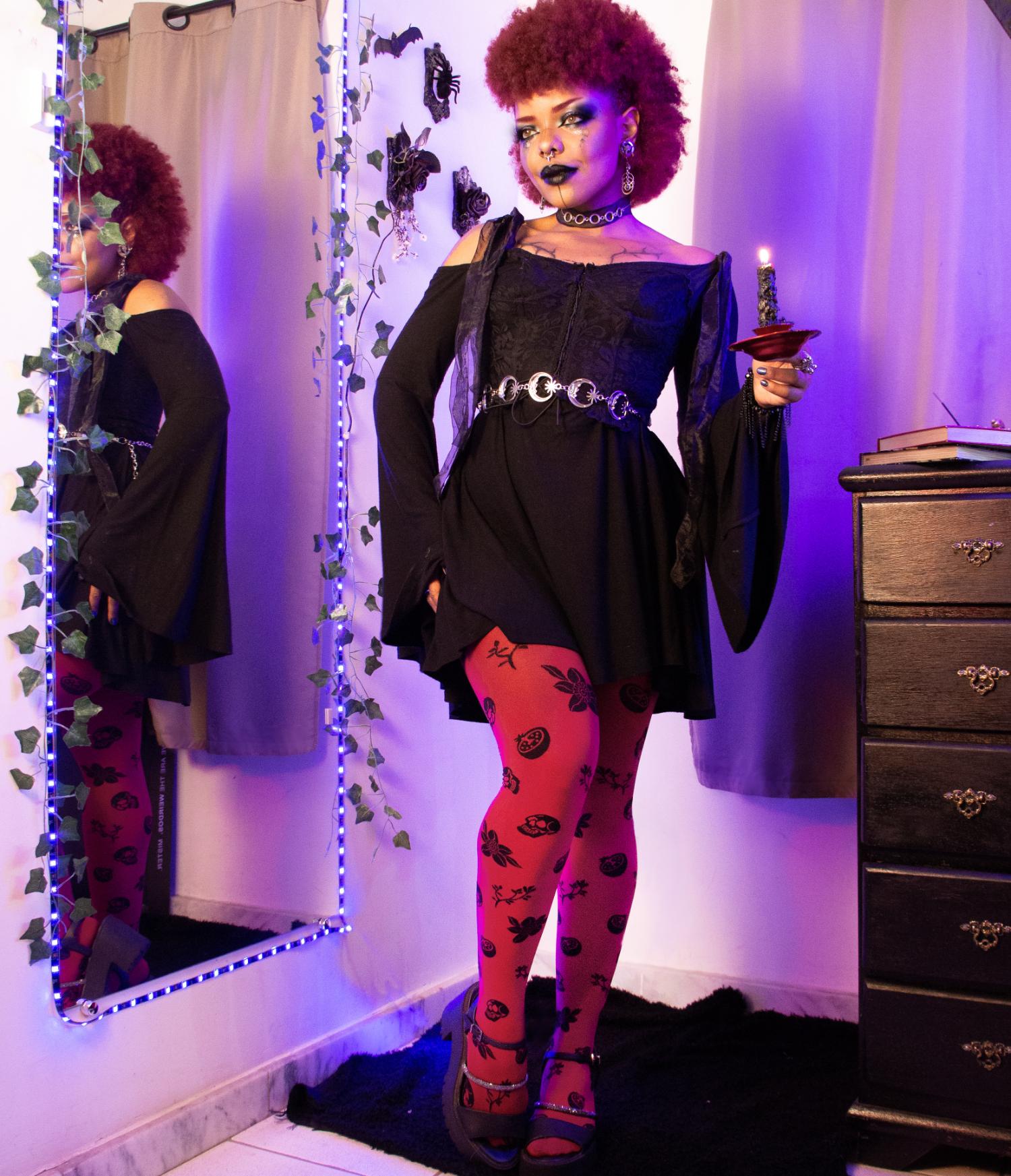 80 Denier Opaque Tights - Danu Skull Flower - Blood Red