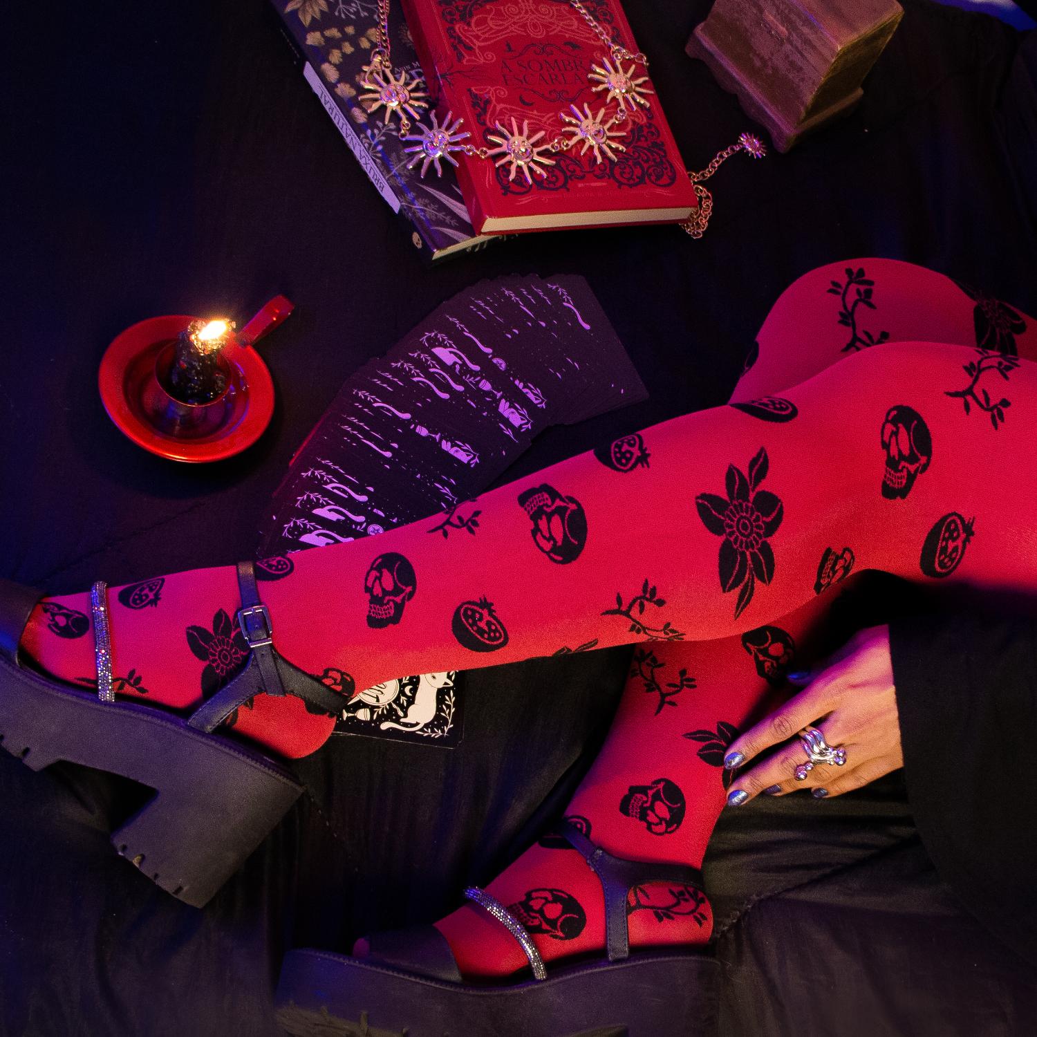 80 Denier Opaque Tights - Danu Skull Flower - Blood Red
