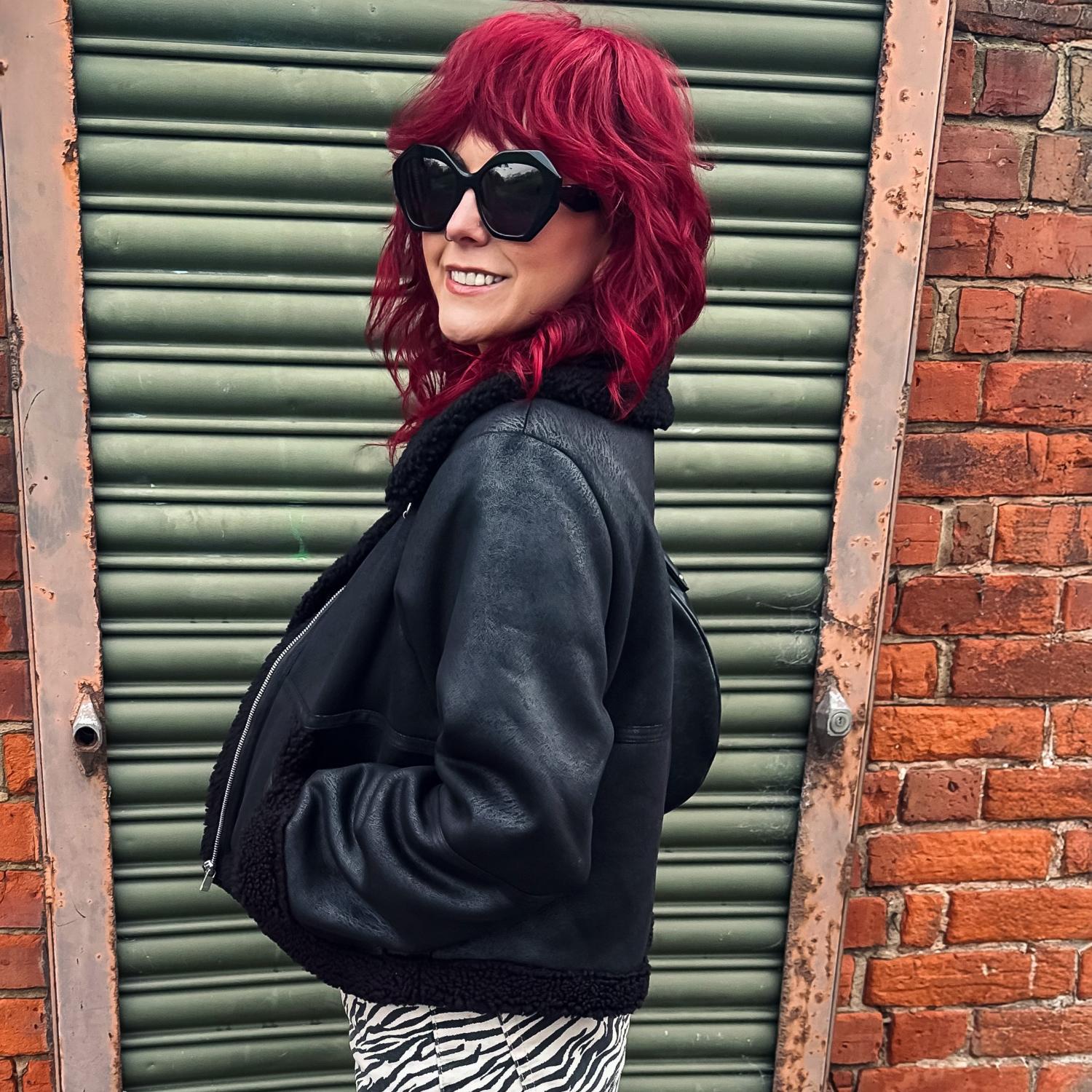 Cropped Borg Aviator Jacket - Black