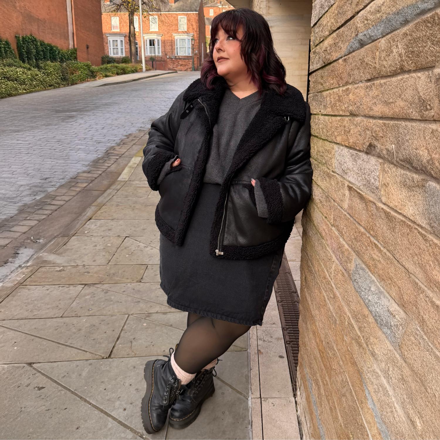 Cropped Borg Aviator Jacket - Black