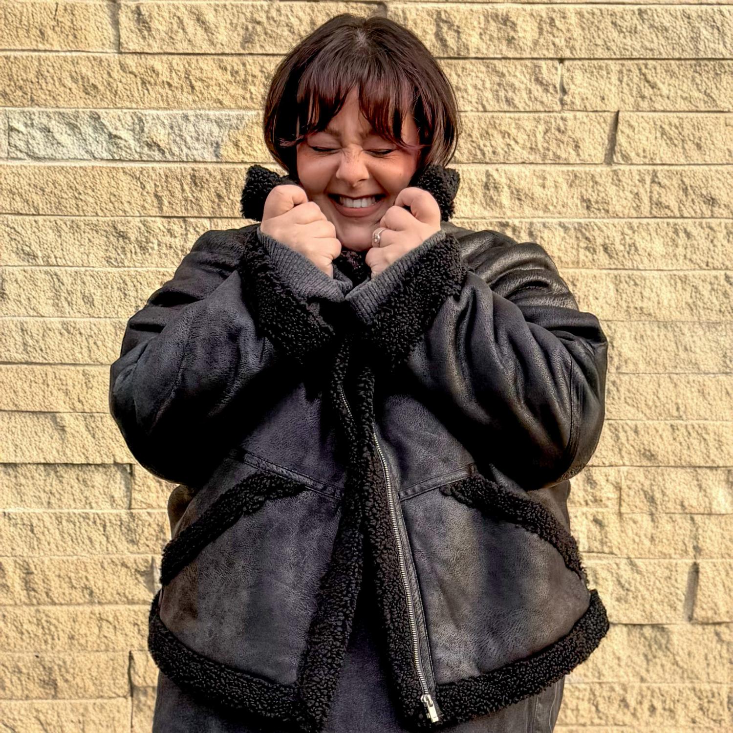 Cropped Borg Aviator Jacket - Black