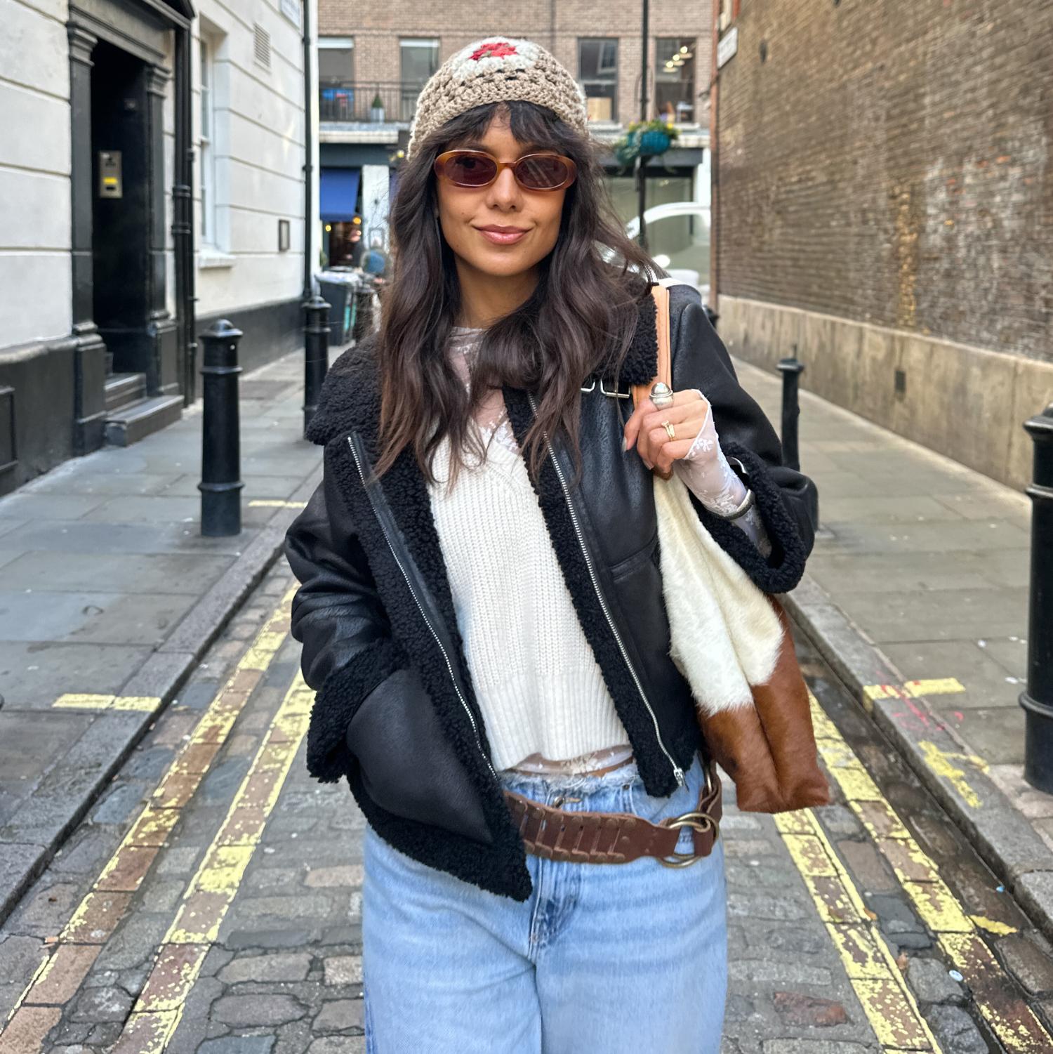 Cropped Borg Aviator Jacket - Black