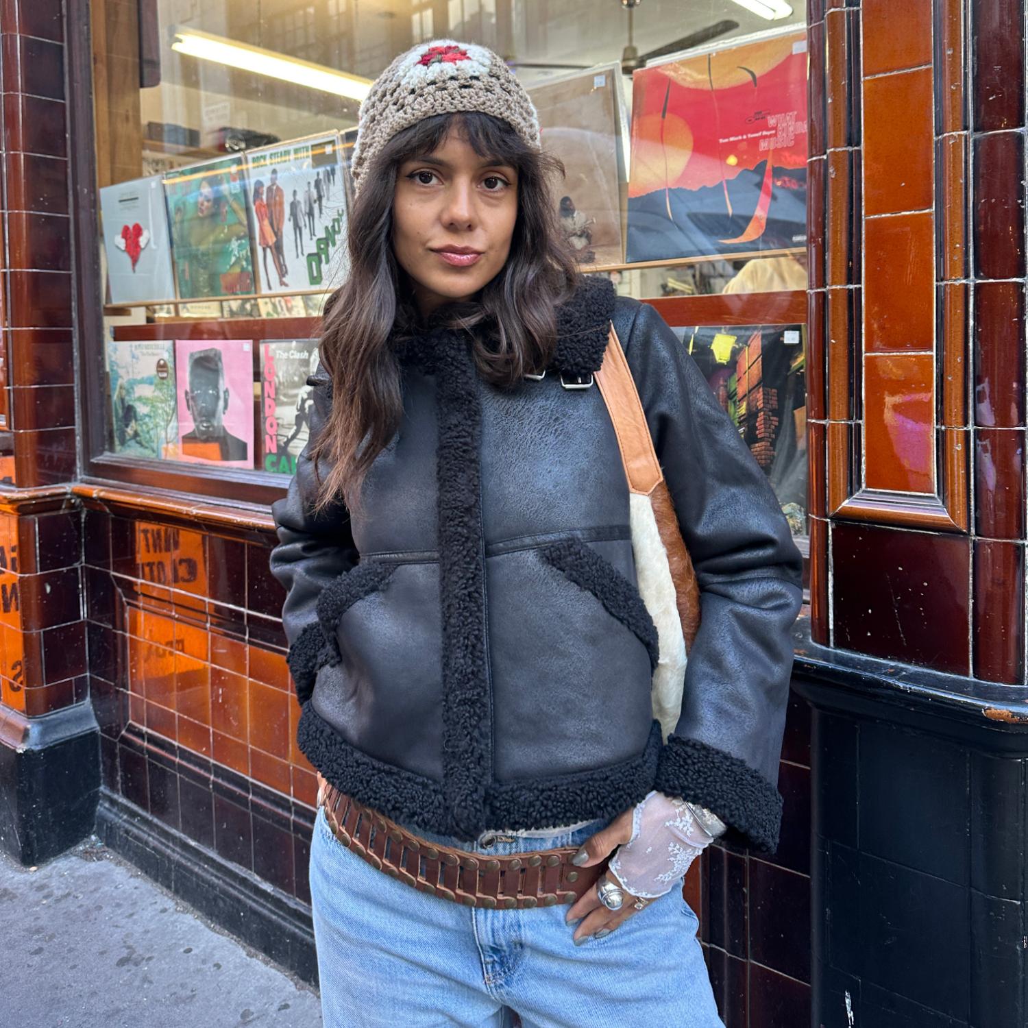 Cropped Borg Aviator Jacket - Black