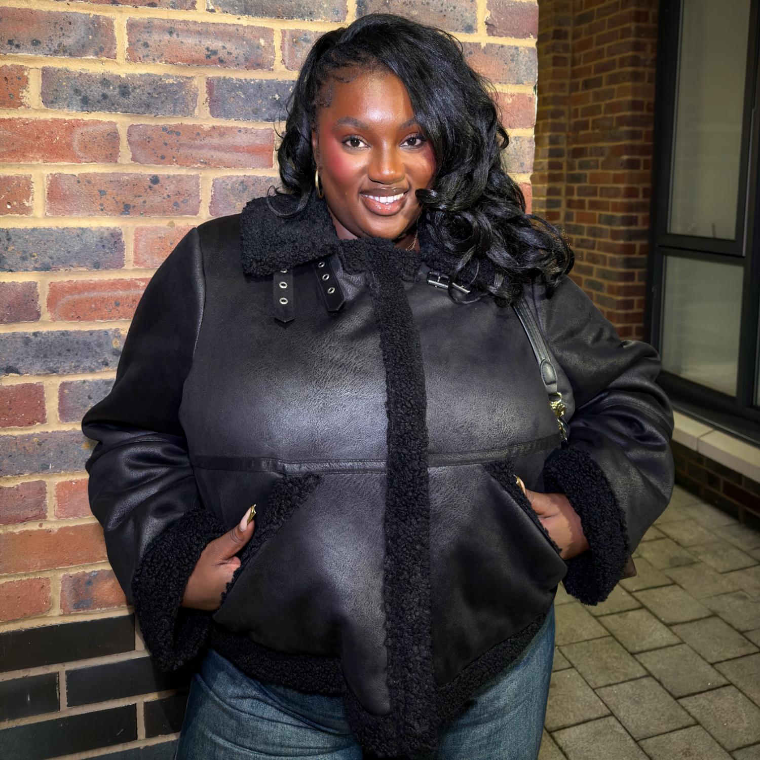 Cropped Borg Aviator Jacket - Black