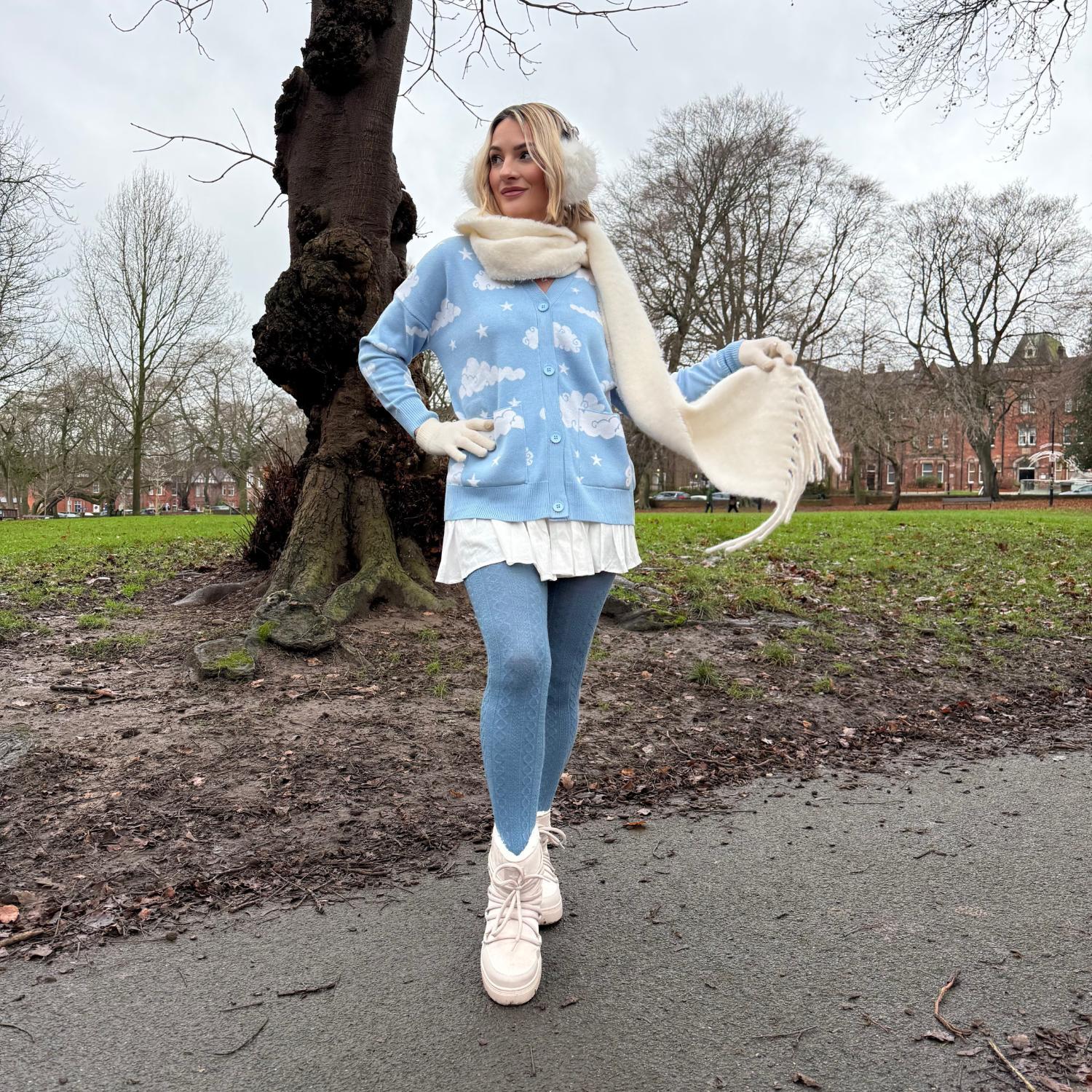 Grannies Cable Knit Wool Tights - Denim (V2)