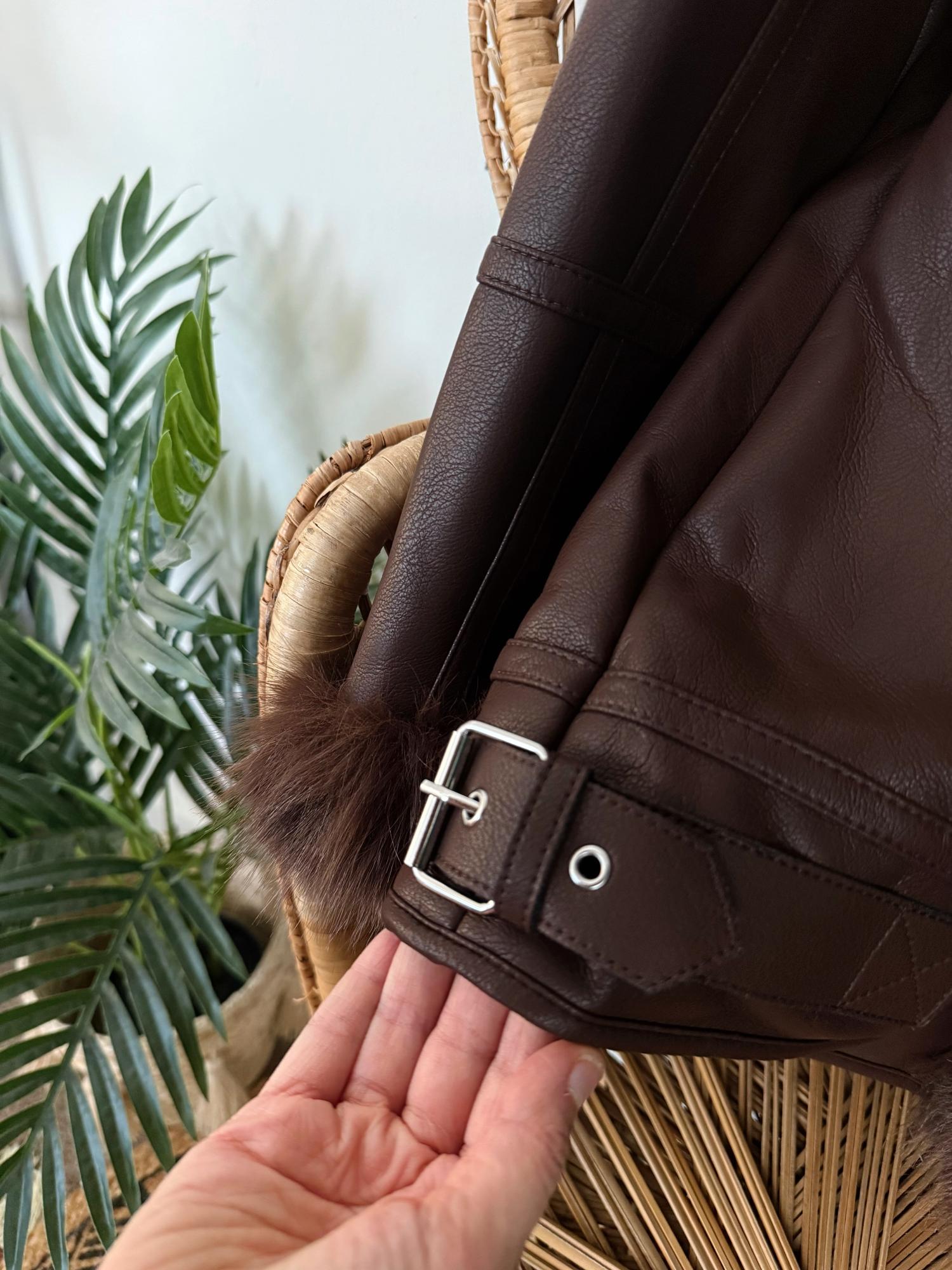 Fur Lined Aviator Jacket - Brown