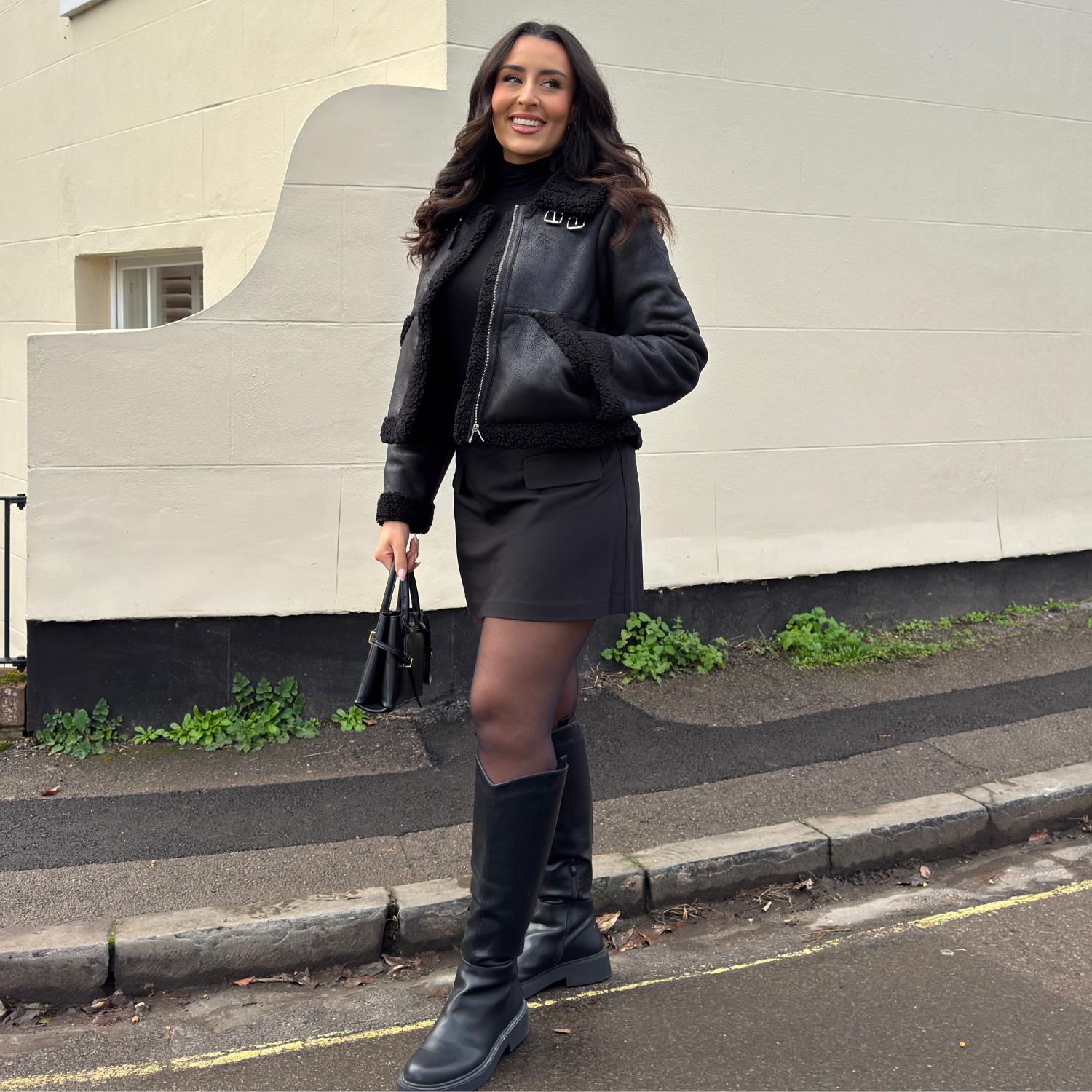 Cropped Borg Aviator Jacket - Black