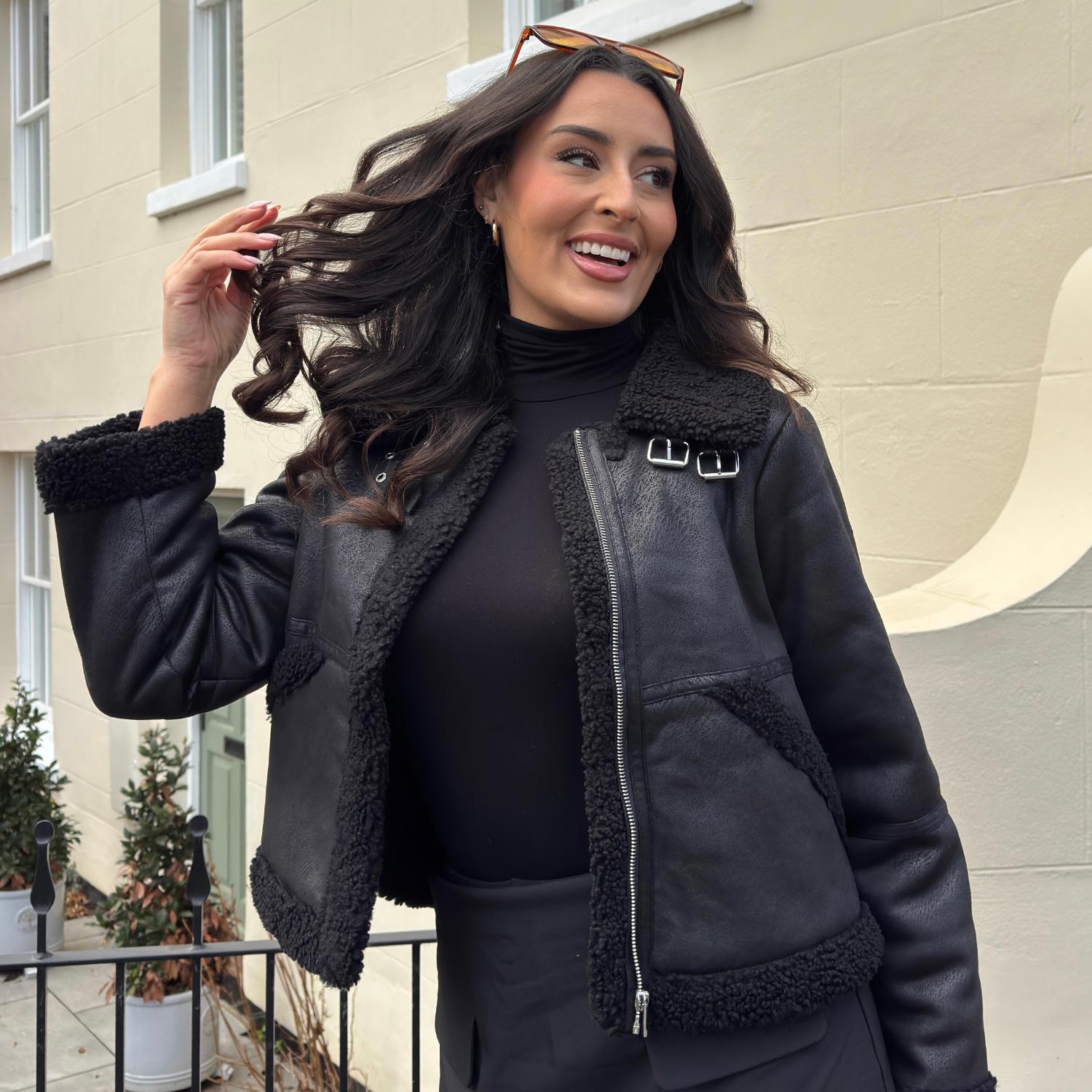 Cropped Borg Aviator Jacket - Black