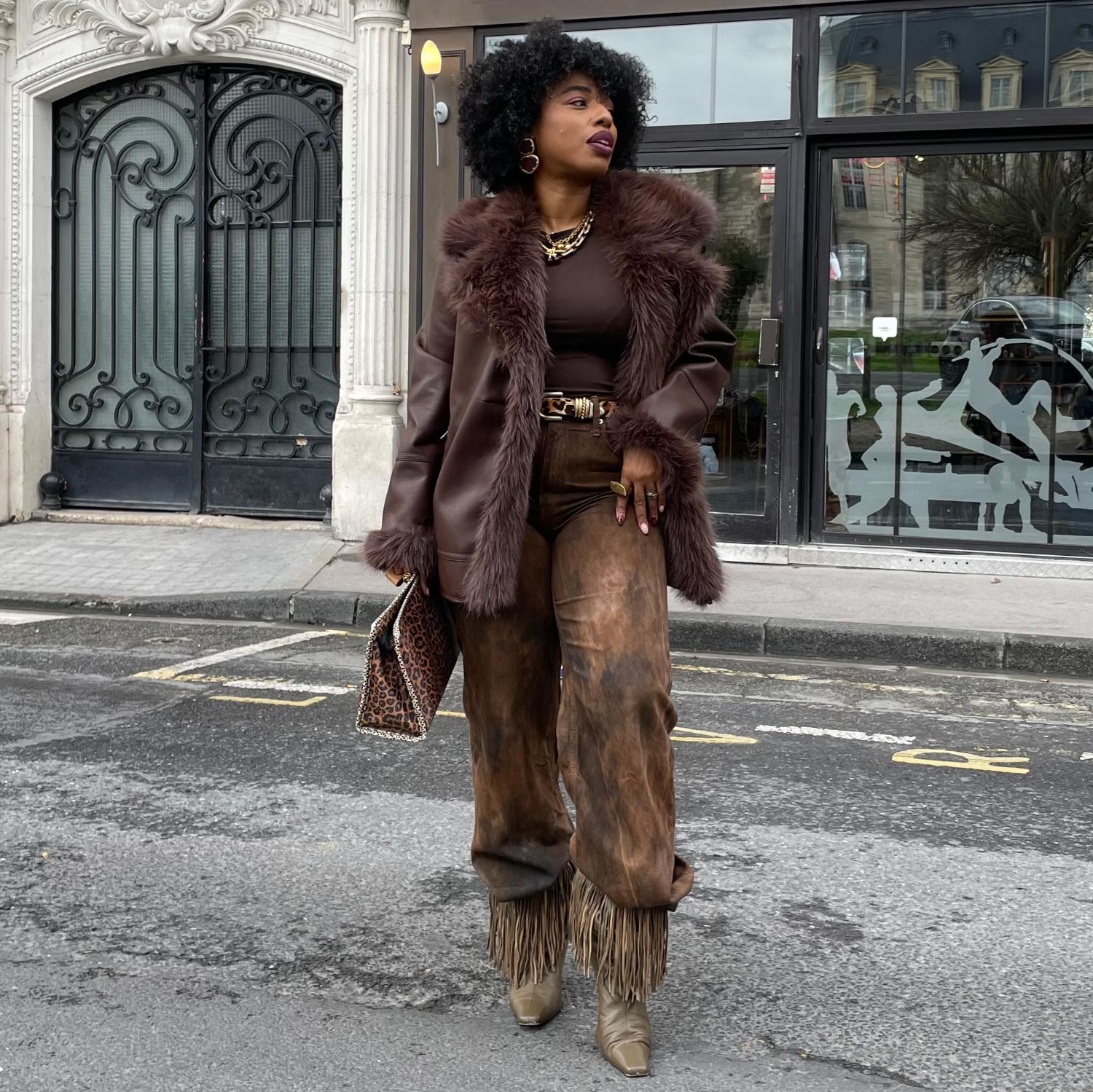 Fur Lined Aviator Jacket - Brown