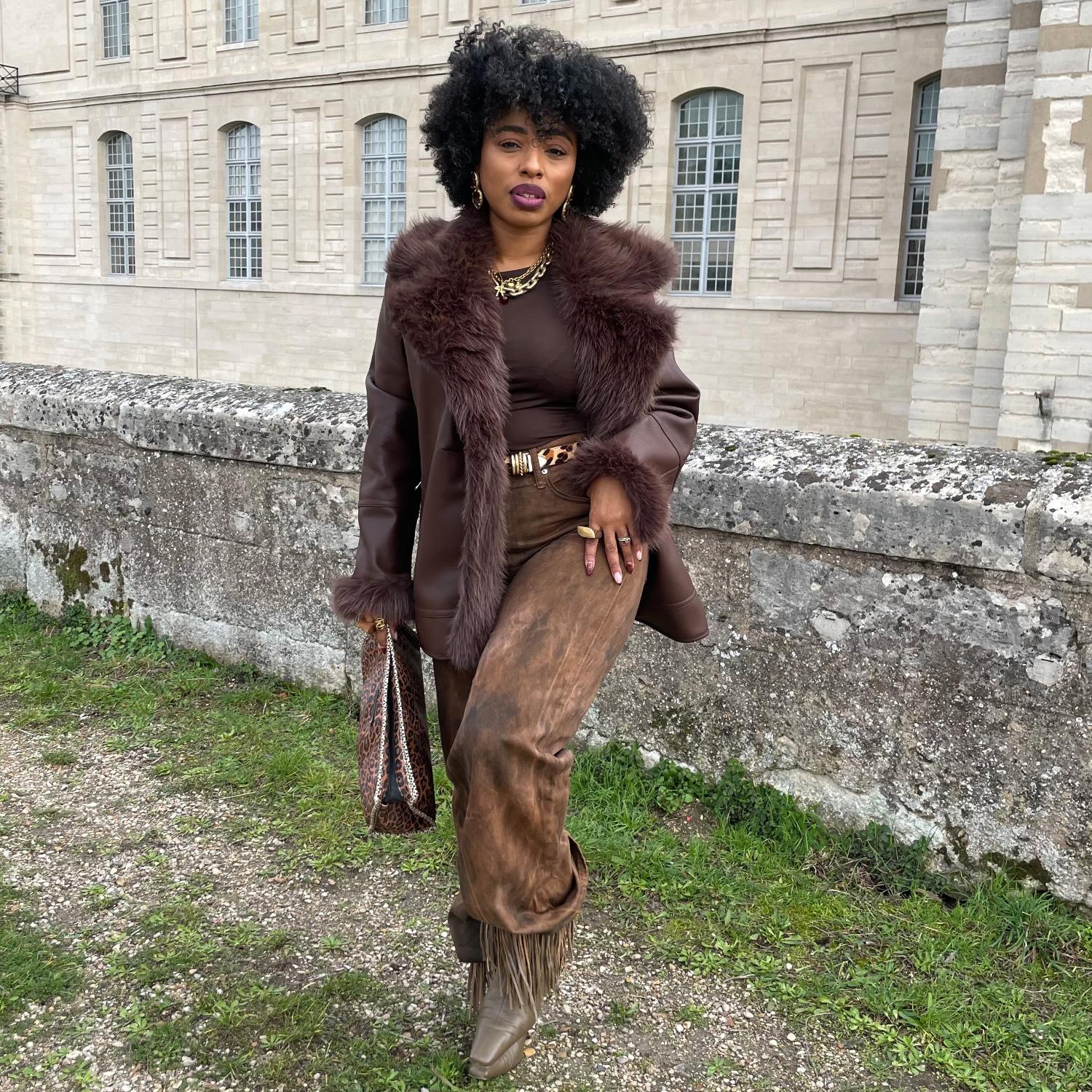 Fur Lined Aviator Jacket - Brown