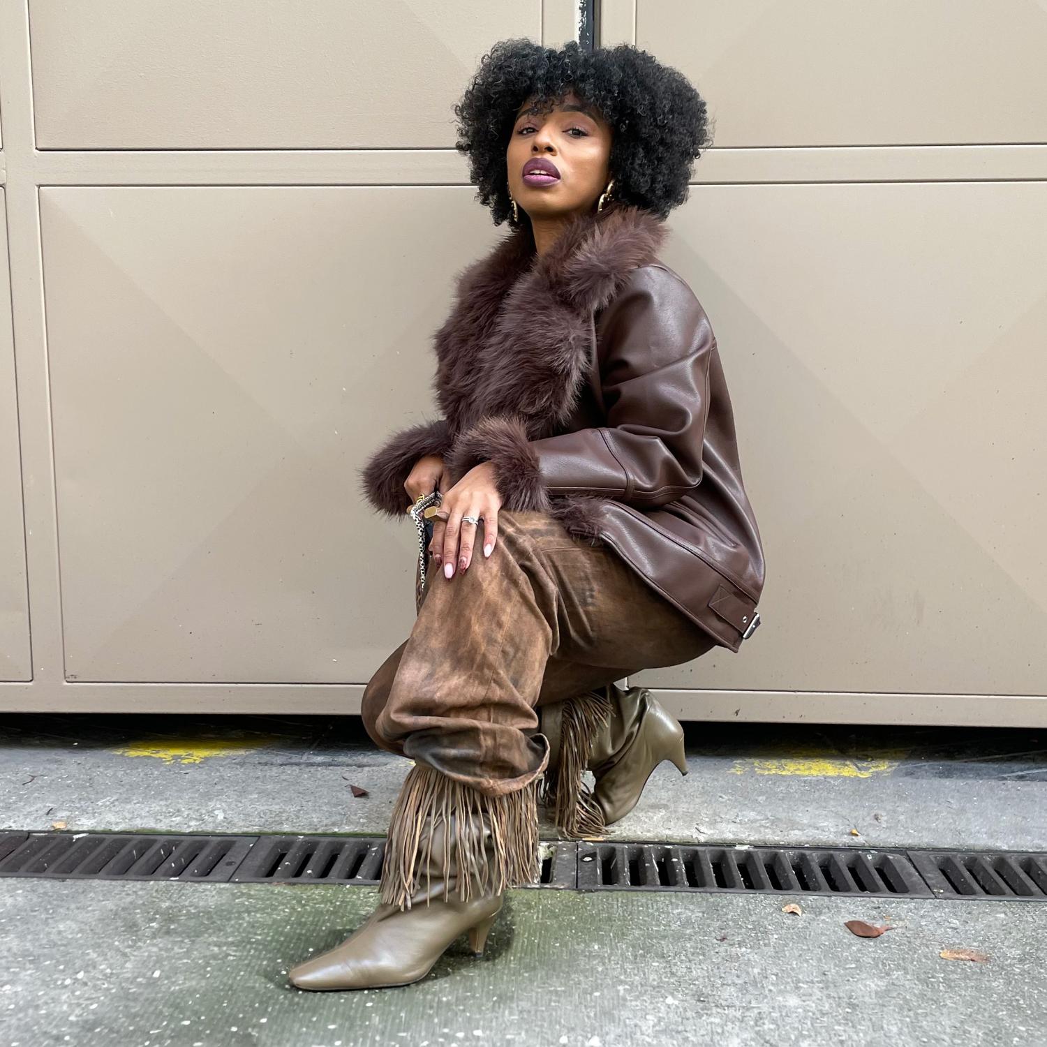 Fur Lined Aviator Jacket - Brown