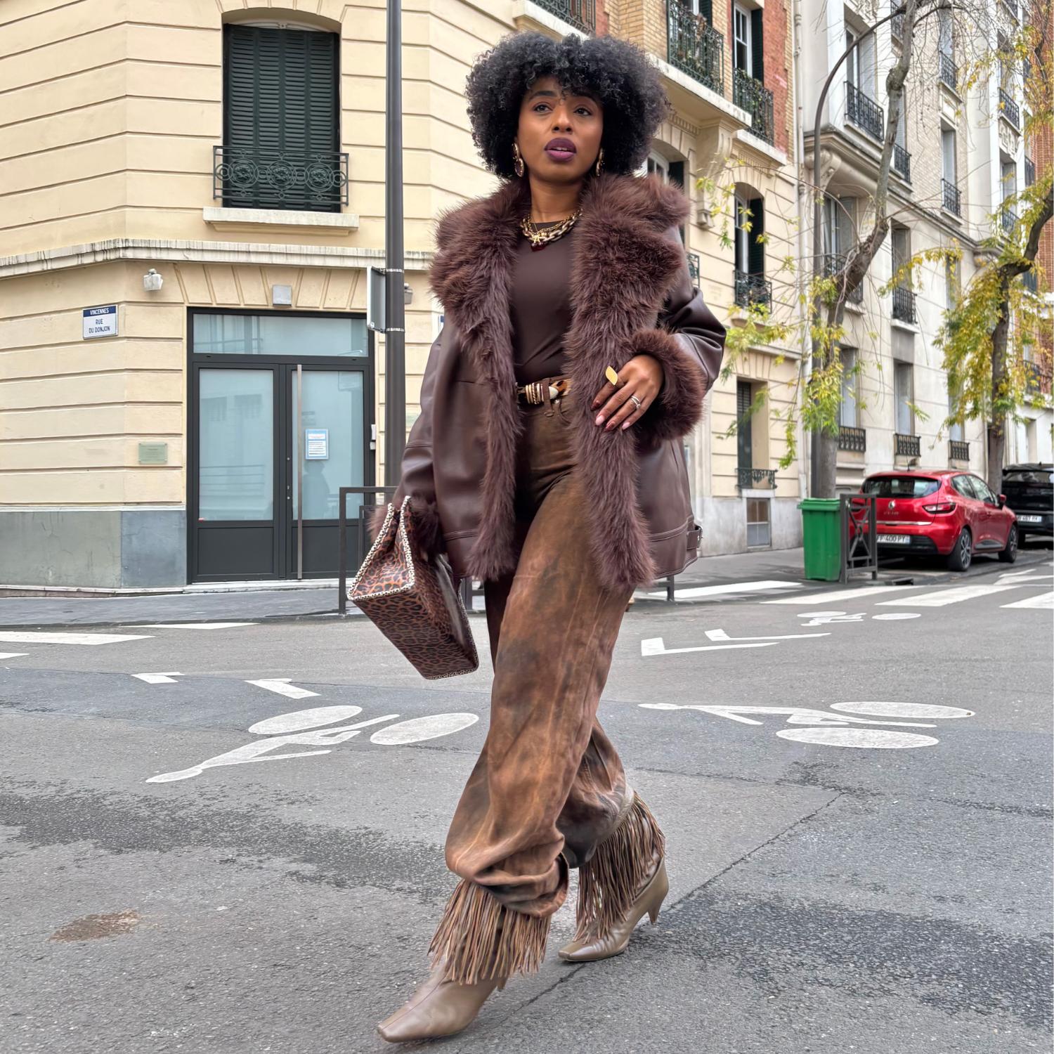 Fur Lined Aviator Jacket - Brown