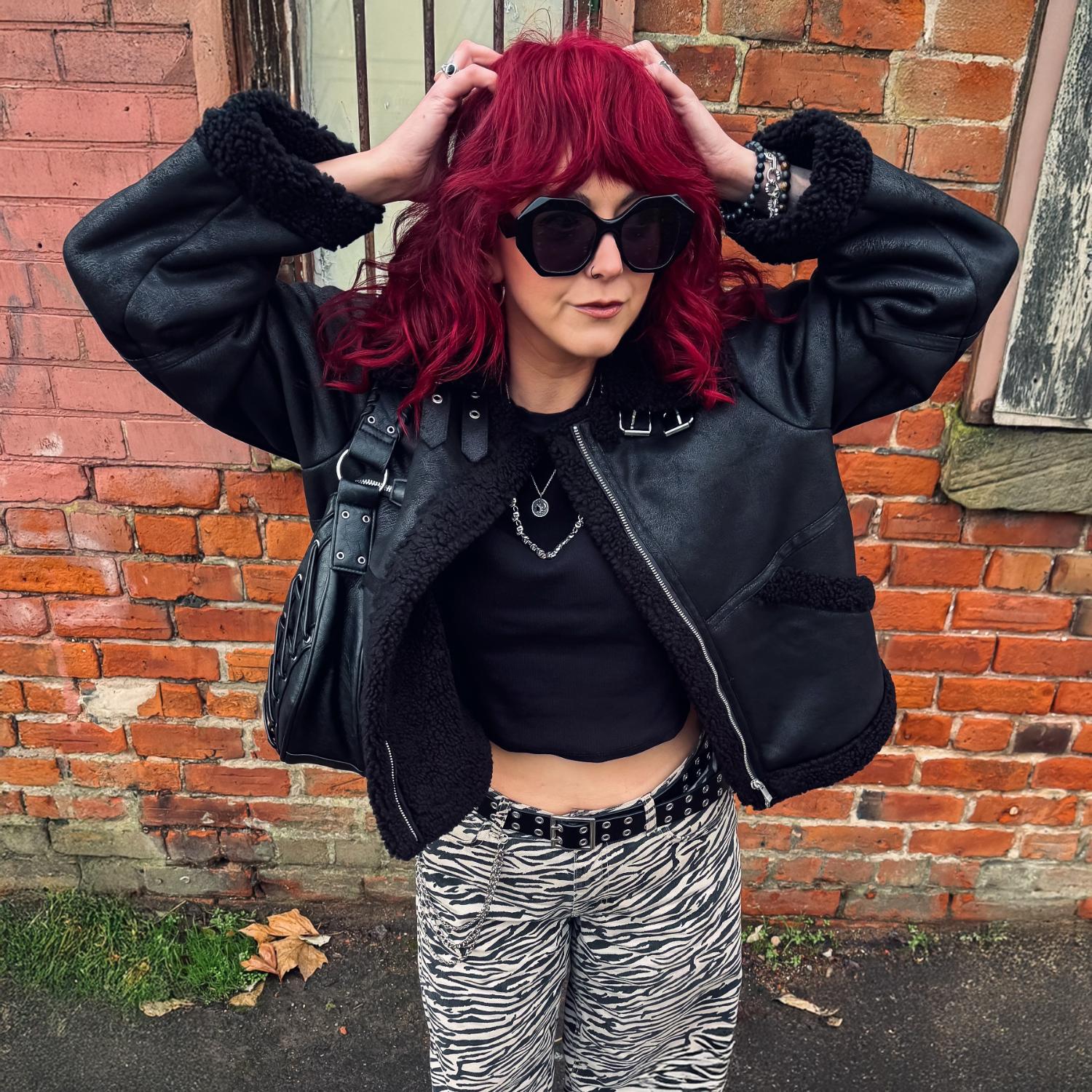 Cropped Borg Aviator Jacket - Black