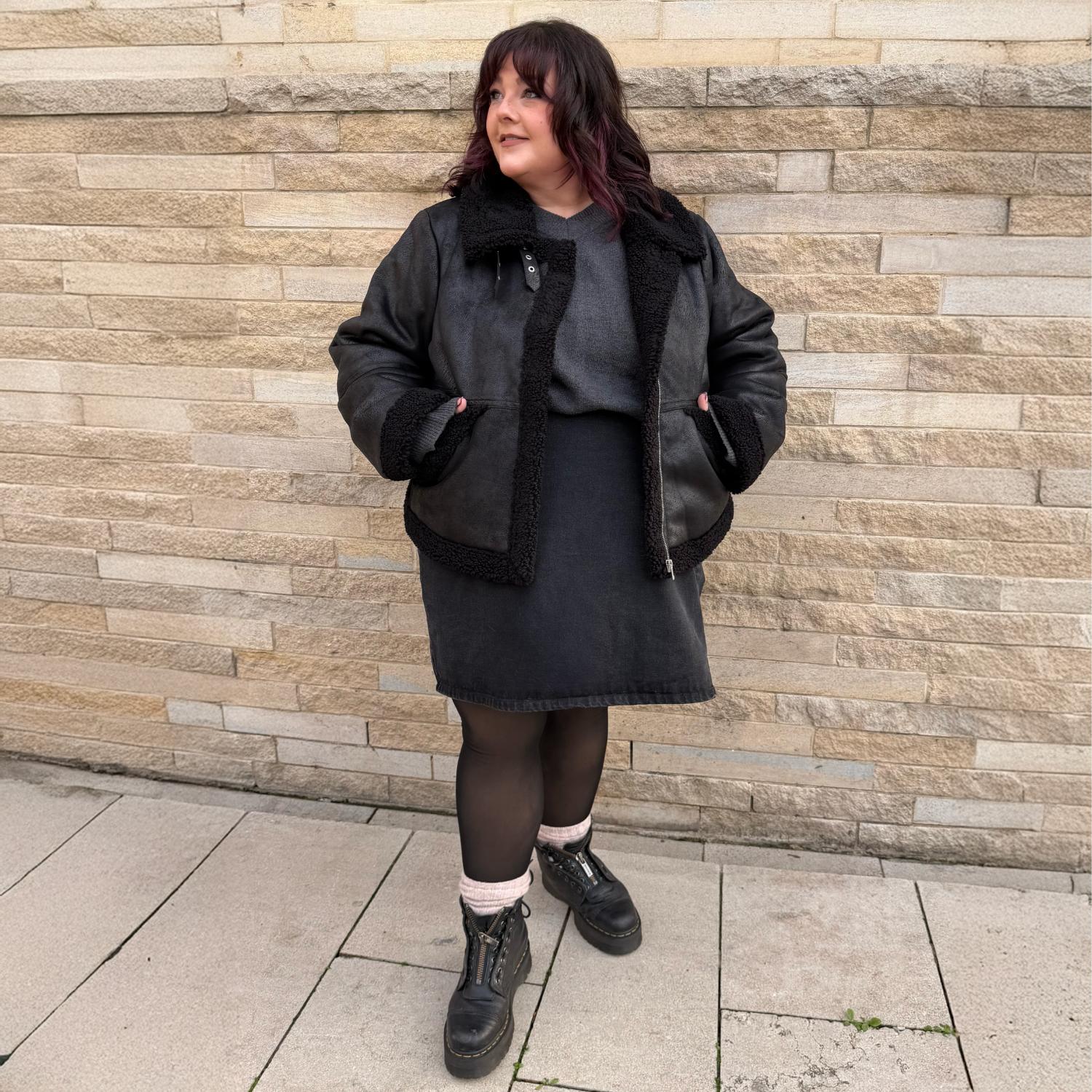 Cropped Borg Aviator Jacket - Black