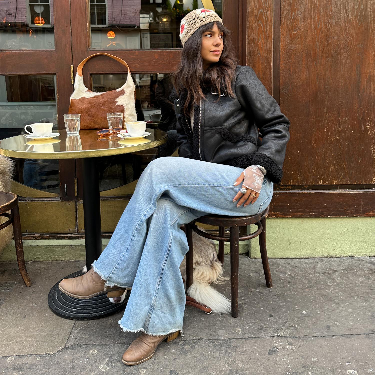 Cropped Borg Aviator Jacket - Black