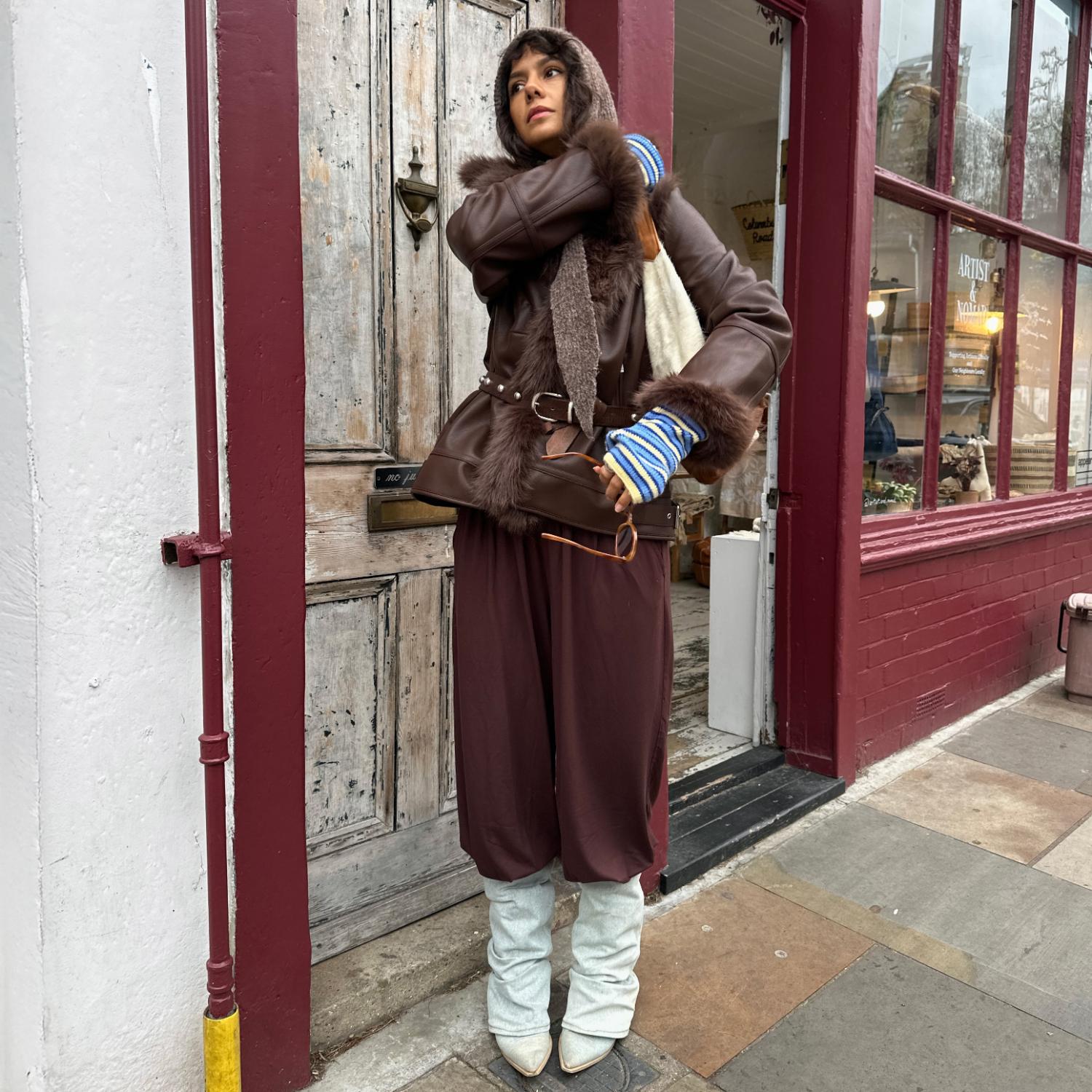 Fur Lined Aviator Jacket - Brown