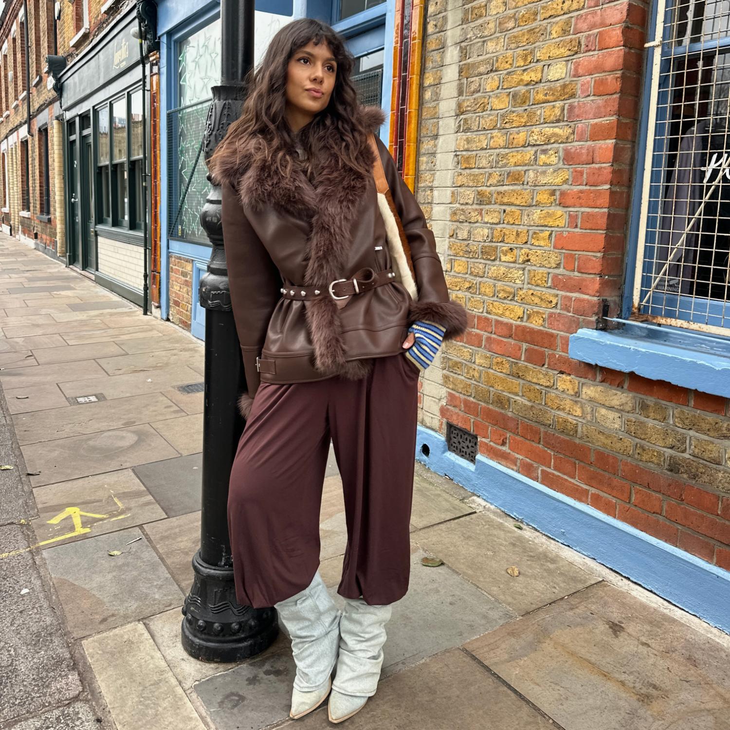 Fur Lined Aviator Jacket - Brown